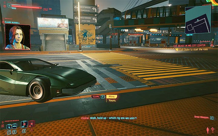 Talk to Claire and decide whether you want to use your own vehicle in the race or Claire's (Beast) - Cyberpunk 2077: How to unlock Racing in Night City? - Cyberpunk 2077: Exploration - Cyberpunk 2077 Guide