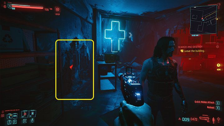 When you reach the room with the blue neon sign, look at the gap in the wall on the left side - Cyberpunk 2077: Search and Destroy walkthrough - Cyberpunk 2077: Act 2 Main missions - Cyberpunk 2077 Guide