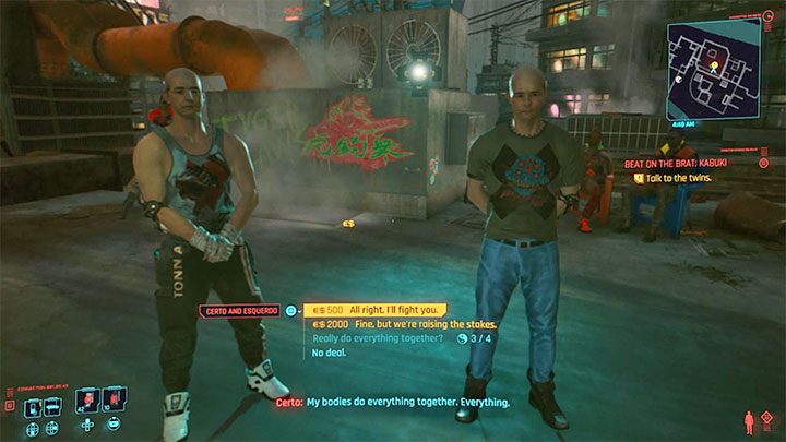 Talk to Certo and Esquerdo to find out that you have to fight both of them at the same time, so basically it will be a two-on-one fight - Cyberpunk 2077: Beat on the Brat - walkthrough - Cyberpunk 2077: Exploration Side missions - Cyberpunk 2077 Guide
