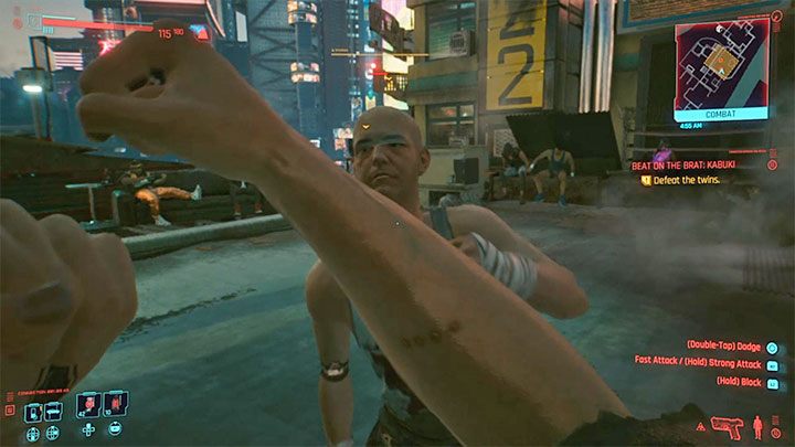 During fights, try to block punches or jump back/to the side - Cyberpunk 2077: Beat on the Brat - walkthrough - Cyberpunk 2077: Exploration Side missions - Cyberpunk 2077 Guide