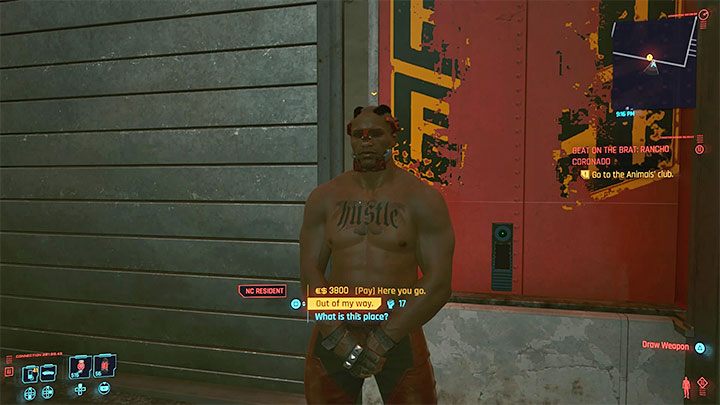 The entrance to the building where the fight takes place is guarded by an Animals' bouncer - Cyberpunk 2077: Beat on the Brat - walkthrough - Cyberpunk 2077: Exploration Side missions - Cyberpunk 2077 Guide