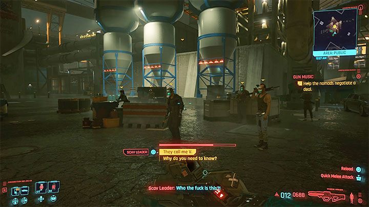 When you arrive, you will be approached by the leader of the Scavengers - Cyberpunk 2077: Gun Music - walkthrough - Cyberpunk 2077: Exploration Side missions - Cyberpunk 2077 Guide