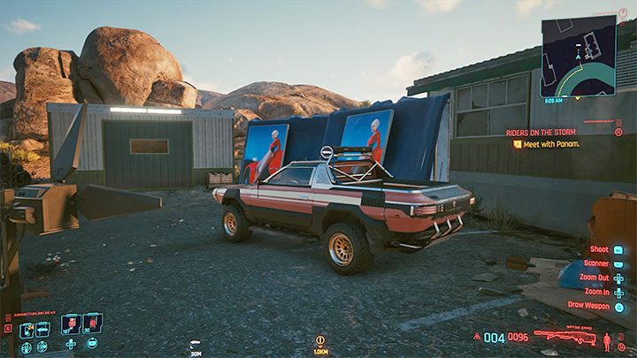 On an abandoned film set there are several different cars parked, but an icon appears only over the Colby - Cyberpunk 2077: List of free cars - Cyberpunk 2077: World Atlas - Cyberpunk 2077 Guide