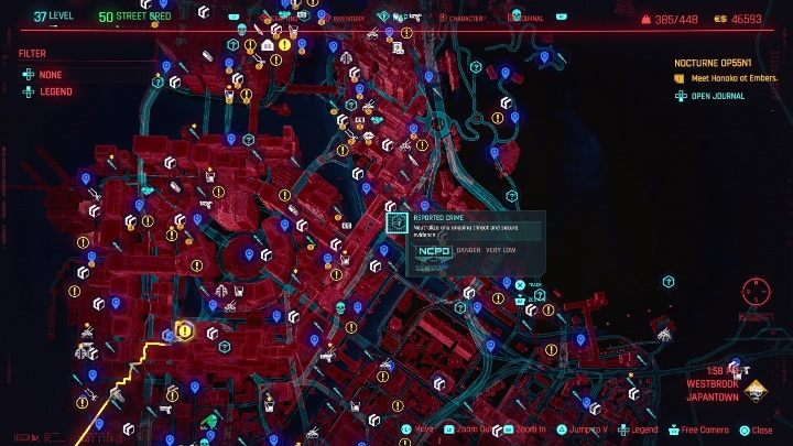 You will come across 6 reported crime locations in the Westbrook district - Cyberpunk 2077: Westbrook, NCPD Scanner Hustles - Map, Walkthrough - Cyberpunk 2077: NCPD Scanner Hustles - Cyberpunk 2077 Guide