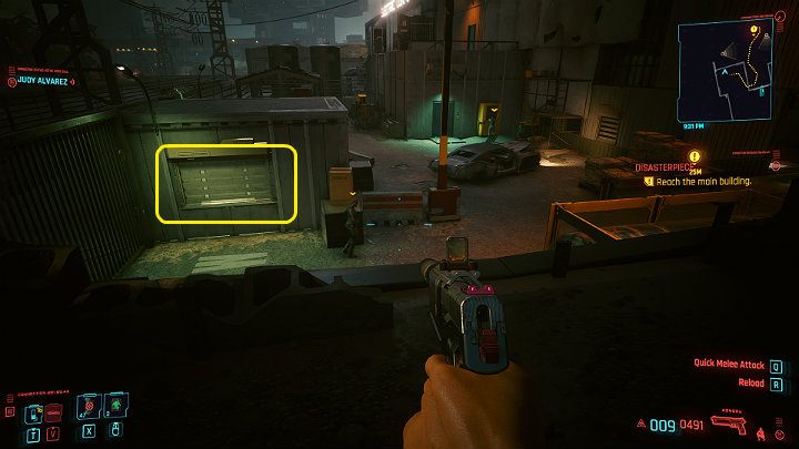 As soon as the guard starts walking to the right, jump on the street and approach the hatch in the opposite building - Cyberpunk 2077: Disasterpiece walkthrough - Cyberpunk 2077: Act 2 Main missions - Cyberpunk 2077 Guide
