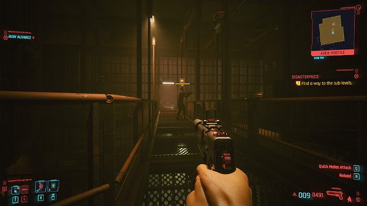 Go straight ahead, and when you see a guard, wait until they're away and pass him or eliminate him quietly - Cyberpunk 2077: Disasterpiece walkthrough - Cyberpunk 2077: Act 2 Main missions - Cyberpunk 2077 Guide