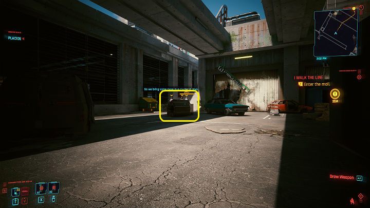 When you reach the parking lot, first stick to the left side to get to the center of the location - Cyberpunk 2077: I Walk the Line walkthrough - Cyberpunk 2077: Act 2 Main missions - Cyberpunk 2077 Guide