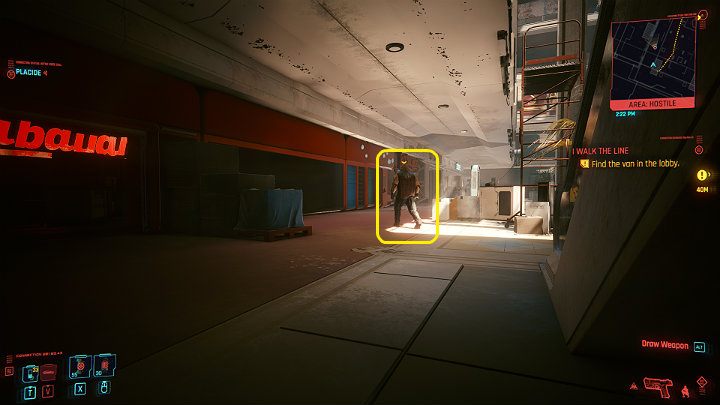 The van mentioned by Placide is located at the end of the atrium - Cyberpunk 2077: I Walk the Line walkthrough - Cyberpunk 2077: Act 2 Main missions - Cyberpunk 2077 Guide