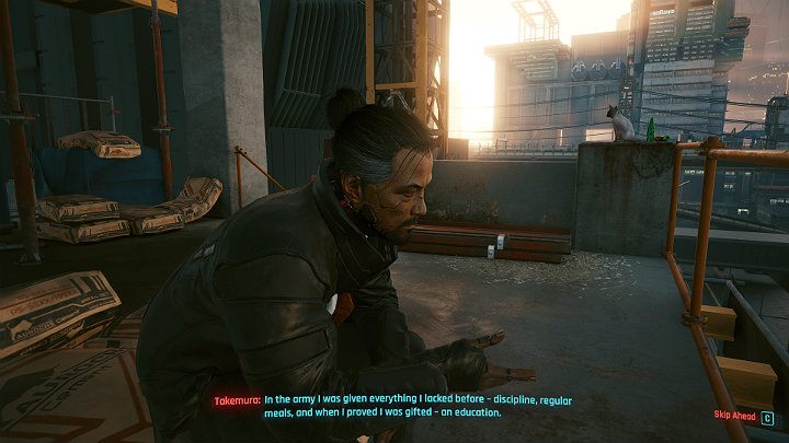 An optional trip to Arasaka Industrial Park (the main story mission in Gimme Danger) allows Takemura and V to talk frankly about Goro's past, which further develops their friendship - Cyberpunk 2077: Goro Takemura - companion - Cyberpunk 2077: Companions - Cyberpunk 2077 Guide