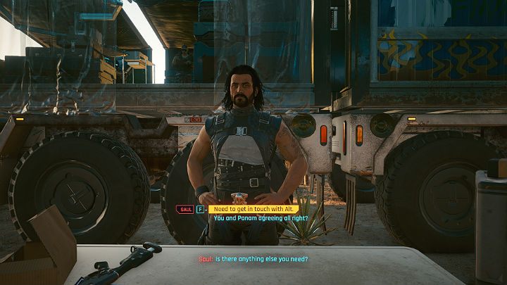 When Panama leaves to meet with Mitch, tell Saul about the plan to meet with Alt - Cyberpunk 2077: We Gotta Live Together - walkthrough - Cyberpunk 2077: Act 3 - Cyberpunk 2077 Guide