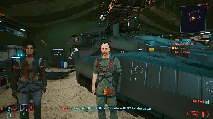 Mitch will show you an improved, slimmed-down version of the Basilisk, enriched with an afterburner and a heavy rocket gun - Cyberpunk 2077: We Gotta Live Together - walkthrough - Cyberpunk 2077: Act 3 - Cyberpunk 2077 Guide