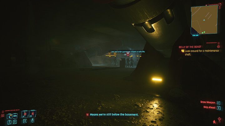 The service hatch is located on the left side of the spacious underground room - Cyberpunk 2077: Belly of the Beast - walkthrough - Cyberpunk 2077: Act 3 - Cyberpunk 2077 Guide
