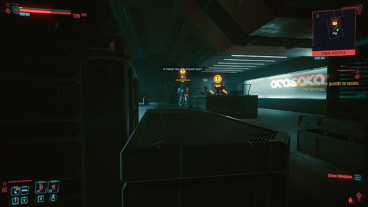 Hide behind a box and wait for the guards to finish the conversation - Cyberpunk 2077: Belly of the Beast - walkthrough - Cyberpunk 2077: Act 3 - Cyberpunk 2077 Guide