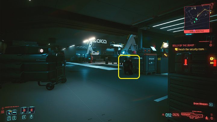 If you don't want to fight, you can completely ignore the first three guards covering this level and slip right into the security office using various objects for cover on the way - Cyberpunk 2077: Belly of the Beast - walkthrough - Cyberpunk 2077: Act 3 - Cyberpunk 2077 Guide