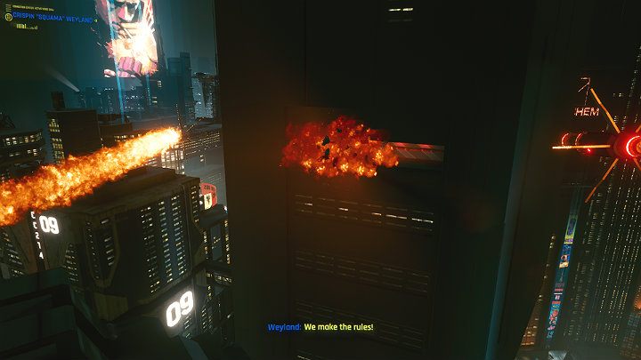 Rogue devised a clever plan to allow you to enter the enemy's territory by surprise, but during the flight over the Arasaka Tower, your presence is detected and the AV is bombed - Cyberpunk 2077: Knockin on Heavens Door - walkthrough - Cyberpunk 2077: Act 3 - Cyberpunk 2077 Guide