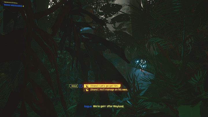 Thanks to the Retrothrusters, Johnny and Rogue manage to land safely in the Arasaka jungle, but Wyland, who stayed in the vehicle, crashed at the waterfall - Cyberpunk 2077: Knockin on Heavens Door - walkthrough - Cyberpunk 2077: Act 3 - Cyberpunk 2077 Guide