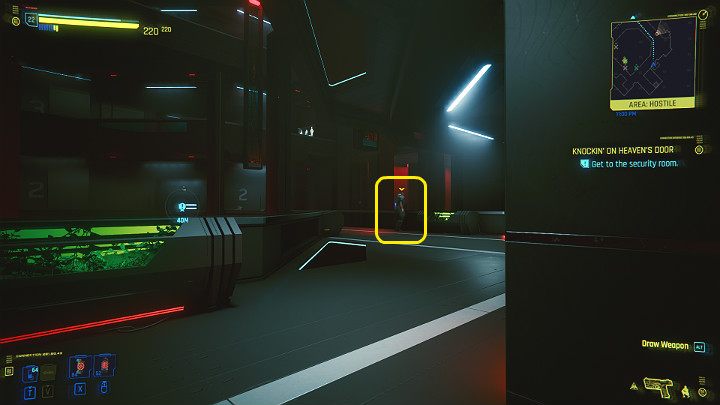 The opponent who patrols the area in front of the entrance is stronger than the others, so you may not be able to eliminate it quietly - Cyberpunk 2077: Knockin on Heavens Door - walkthrough - Cyberpunk 2077: Act 3 - Cyberpunk 2077 Guide