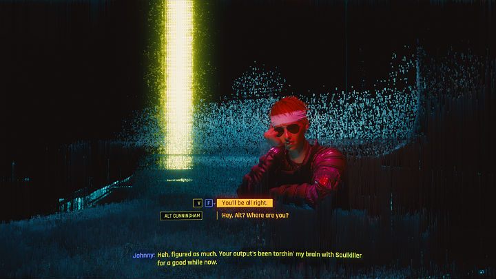 After a while, you will appear in Cyberspace and have the opportunity to meet with V and Alt - Cyberpunk 2077: Johnnys ending - collaboration with Rogue - Cyberpunk 2077: Endings - Cyberpunk 2077 Guide