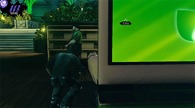 If you dont have anything against killing enemies then wait for a right moment to attack the guard seen on the screen above, doing that from his left flank - Geoforge - lobby - Chapter 2 - DARK - Game Guide and Walkthrough