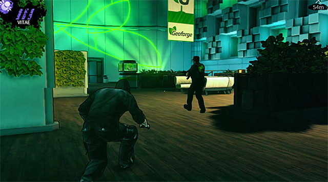 Guard patrolling the left side of the lobby - Geoforge - lobby - Chapter 2 - DARK - Game Guide and Walkthrough