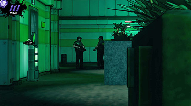 Guards talking near the exit from the lobby - Geoforge - lobby - Chapter 2 - DARK - Game Guide and Walkthrough