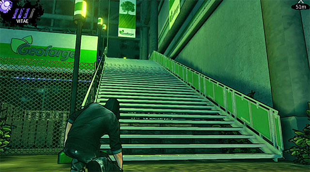 All the options described earlier in the text have the same outcome and that is to reach the stairs seen on the screen above - Geoforge - park - Chapter 2 - DARK - Game Guide and Walkthrough