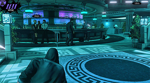 Guard circling the central bar - Atlantis - main area (before releasing the gas) - Chapter 3 - DARK - Game Guide and Walkthrough