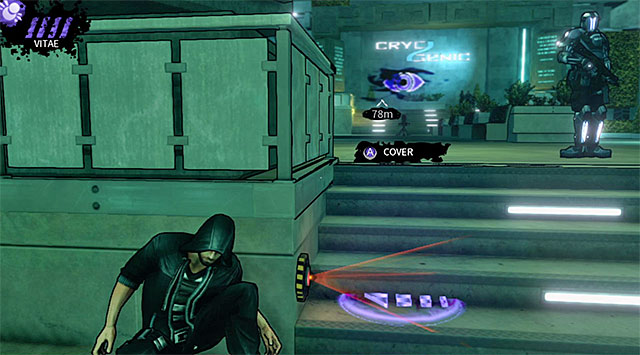 Proceed towards the north-eastern corner of the plaza and take cover near the stairs seen on the screen above - Cryogenic - plaza - Chapter 5 - DARK - Game Guide and Walkthrough