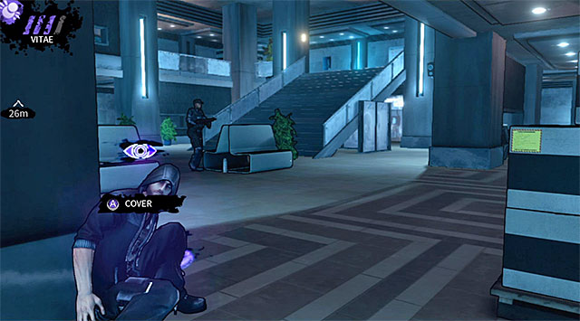 A hunter patrolling the lower level of the atrium - Cryogenic - atrium - Chapter 5 - DARK - Game Guide and Walkthrough