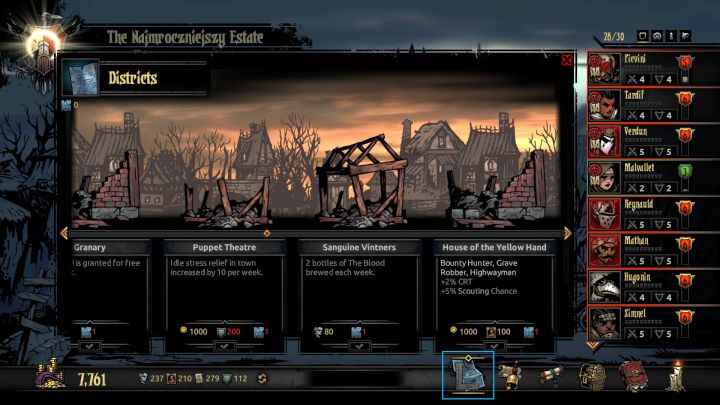 You can access the District screen with the new button located on the bottom of the screen. - Darkest Dungeon The Crimson Court: Districts - Darkest Dungeon: Game mechanics - Darkest Dungeon Game Guide & Walkthrough