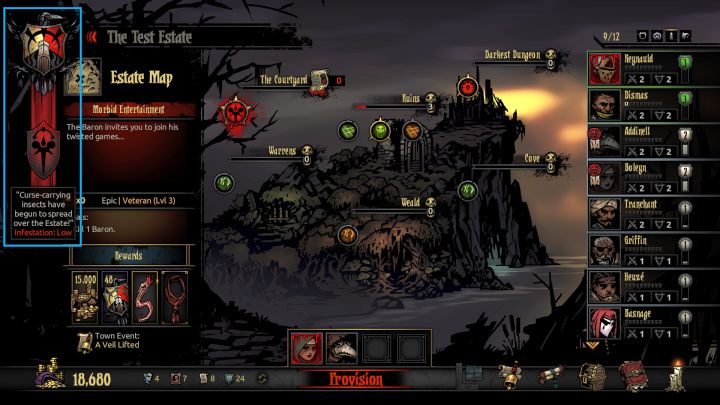 The level of the Infestation can be checked in the upper left corner of the screen. - Darkest Dungeon The Crimson Court: The Courtyard Area - General information - Darkest Dungeon: The Courtyard Area - Darkest Dungeon Game Guide & Walkthrough
