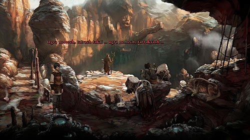 After eavesdropping orc shaman and examining all objects, put the skull to the puddle - In the Camp of the Zholochai! - The Dark Eye - Chains of Satinav - Game Guide and Walkthrough