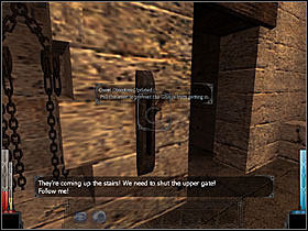 Run quickly to the right of the lever, which let down the bars. - The Gate of Stonehelm #1 - Chapter 1: The Gate of Stonehelm - Dark Messiah of Might and Magic - Game Guide and Walkthrough