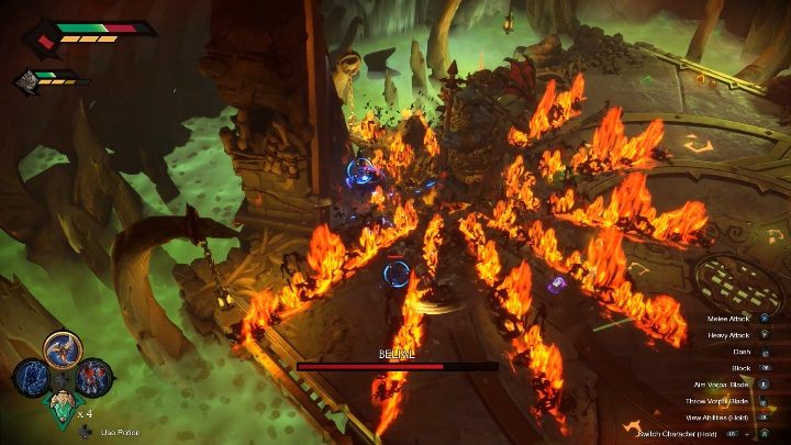 In the later stages, Belial can use his trident to create lines of fire - Belial - chapter 9 | Boss in Darksiders Genesis - Bosses and mini-bosses - Darksiders Genesis Guide