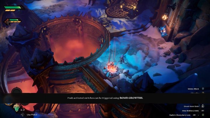 If you play alone, you must proceed forward and get Bomb Growths - How to get into the dungeon Chapter 3 in Darksiders Genesis? - Puzzles - Darksiders Genesis Guide