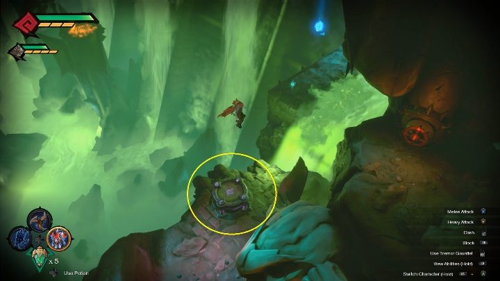 The second valve is located near the upper part of the waterfall - How to drain the poisonous water Chapter 8 in Darksiders Genesis? - Puzzles - Darksiders Genesis Guide