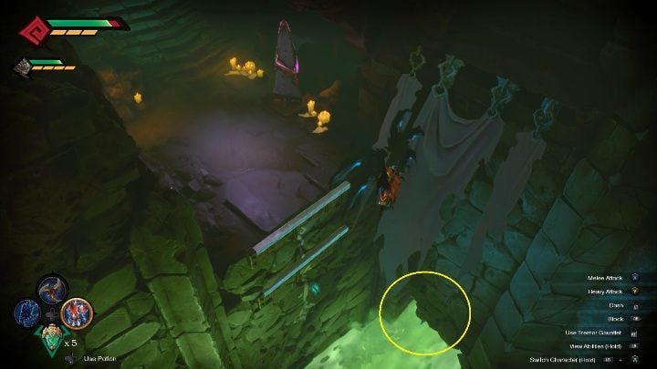 A small stone shelf with a Summoning Stone is behind the poison water pipes - How to drain the poisonous water Chapter 8 in Darksiders Genesis? - Puzzles - Darksiders Genesis Guide