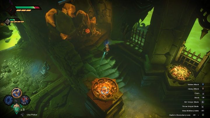 The fourth piece of the puzzle is behind the exploding wall - How to drain the poisonous water Chapter 8 in Darksiders Genesis? - Puzzles - Darksiders Genesis Guide