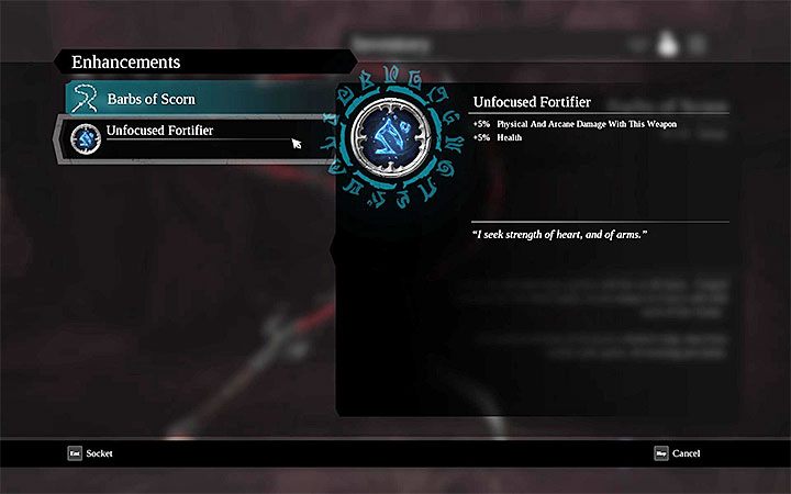 Enhancements can be installed by going to inventory, selecting one of the weapons and clicking the appropriate button - Upgrading weapons and improvements in Darksiders 3 - Game basics - Darksiders 3 Guide