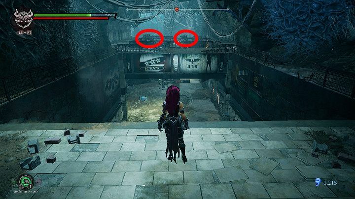 Before you go down to the level of the metro platform, you must bear in mind that as soon as you are in the middle of the tunnel, the two opponents marked in the picture will jump down and attack you - Nether | Darksiders 3 Walkthrough - Walkthrough - Darksiders 3 Guide