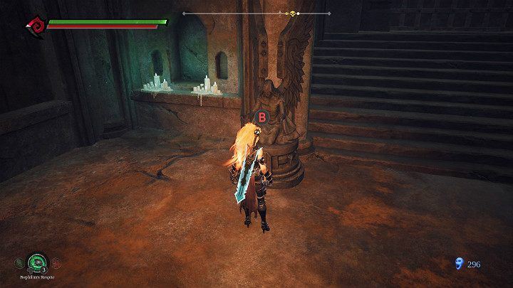 Exit the chamber and approach the statue without a sword, and then press the interaction button - Hollows - Catacombs | Darksiders 3 Walkthrough - Walkthrough - Darksiders 3 Guide