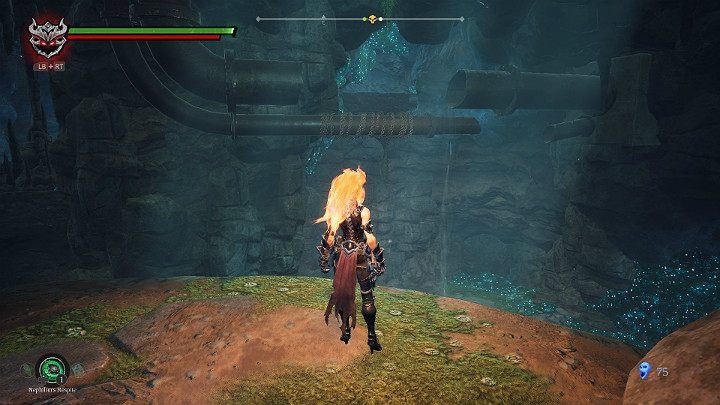 Turn back and use the pipe to jump to the other side of the cavern - Hollows - Catacombs | Darksiders 3 Walkthrough - Walkthrough - Darksiders 3 Guide