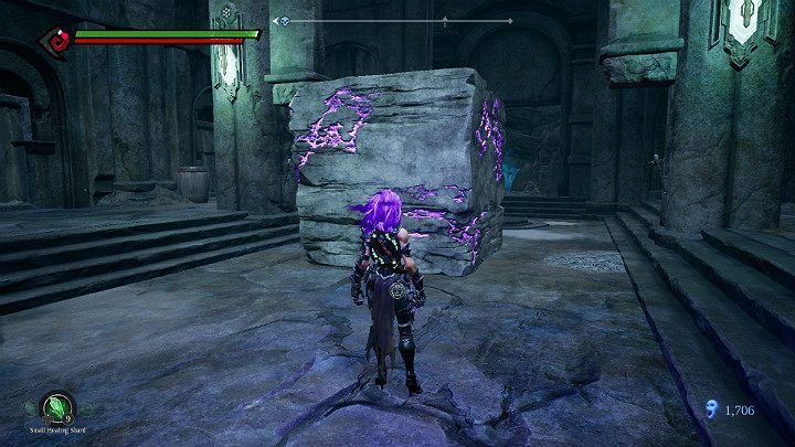 Place the cube on a switch to reveal the crystal in the recess visible above on the other side of the room - Forgotten Lake | Darksiders 3 Walkthrough - Walkthrough - Darksiders 3 Guide