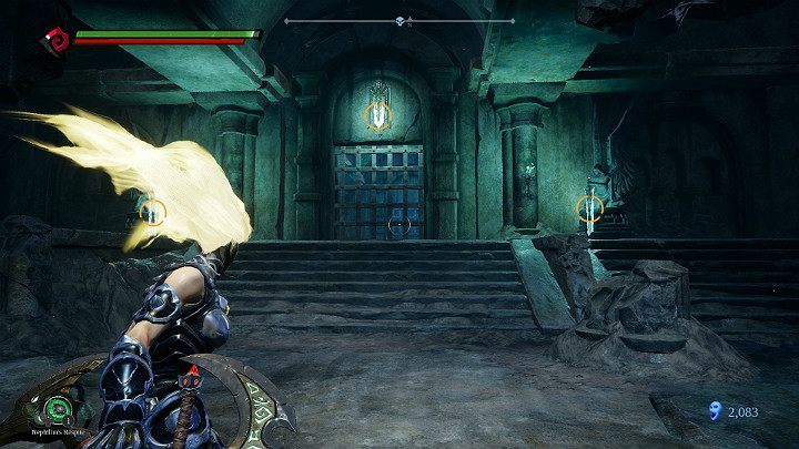 Place the sword in the statue on the left, then jump back and mark the 3 targets visible on the picture above - Forgotten Lake | Darksiders 3 Walkthrough - Walkthrough - Darksiders 3 Guide