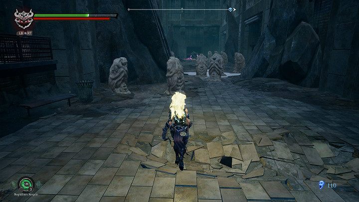 As you walk between the statues, watch out for potential enemies who may be hiding inside them - Sunken Tracks | Darksiders 3 Walkthrough - Walkthrough - Darksiders 3 Guide