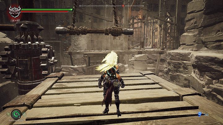 The wheel will start to rotate until the trapeze stops in the right position and you can jump to the other side - The Scar | Darksiders 3 Walkthrough - Walkthrough - Darksiders 3 Guide