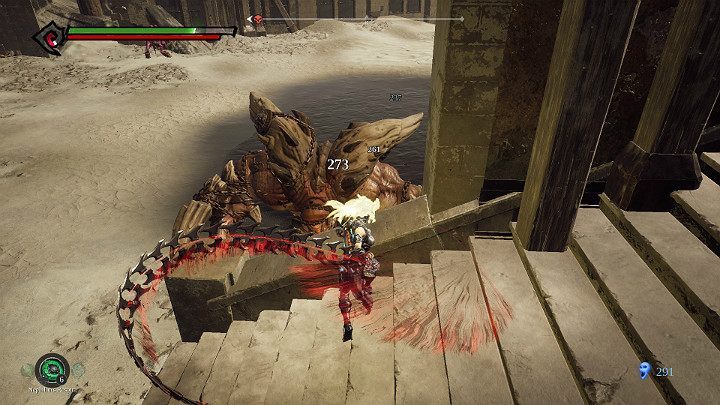 Lure your opponent in the place shown in the picture above and simply hit him until he falls dead - The Lowlands | Darksiders 3 Walkthrough - Walkthrough - Darksiders 3 Guide