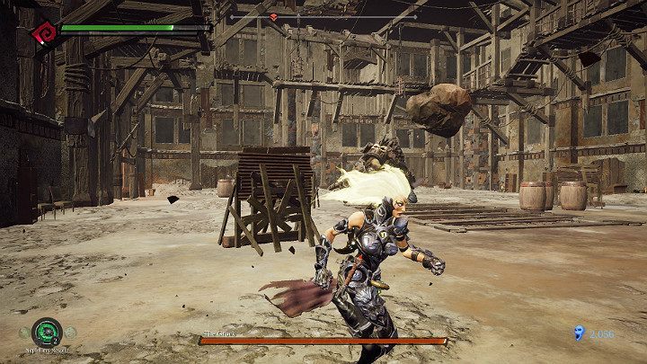 The opponent is not a big threat, so it is enough to avoid the flying rocks and slow the attacks of his weapons - The Lowlands | Darksiders 3 Walkthrough - Walkthrough - Darksiders 3 Guide