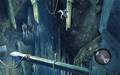 After reaching to last of the vertical pillars, lean back (SHIFT) and jump onto the horizontal pole shown on the above screen - Reach the top of The Dark Fortress (2) - Find a Way to Save War - Darksiders II - Game Guide and Walkthrough