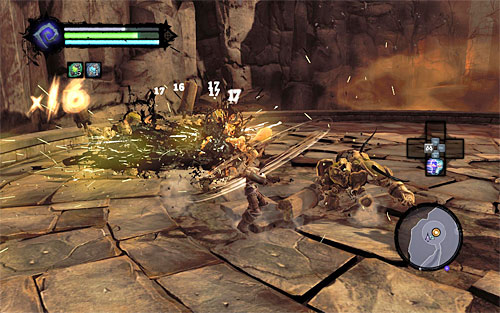 Head towards the arena where Karn is fighting off quite a large group of Construct Warriors and help him out - Help Karn defeat Constructs - The Fire of the Mountain - Darksiders II - Game Guide and Walkthrough